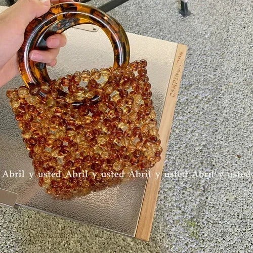 Women's Fashion High Grade Ins Handbag Retro Amber Crystal Bag Sac A Main Handwoven Custom Beaded Bags 2024 New сумка из бусин