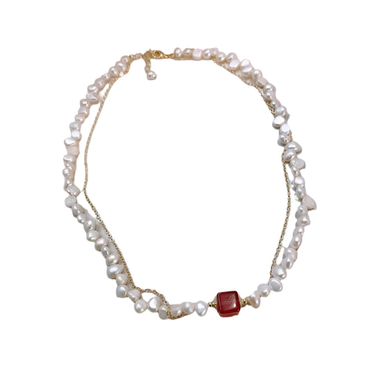 Elegant Natural Freshwater Pearl & Square Strawberry Quartz 14K Gold Necklace Jewelry