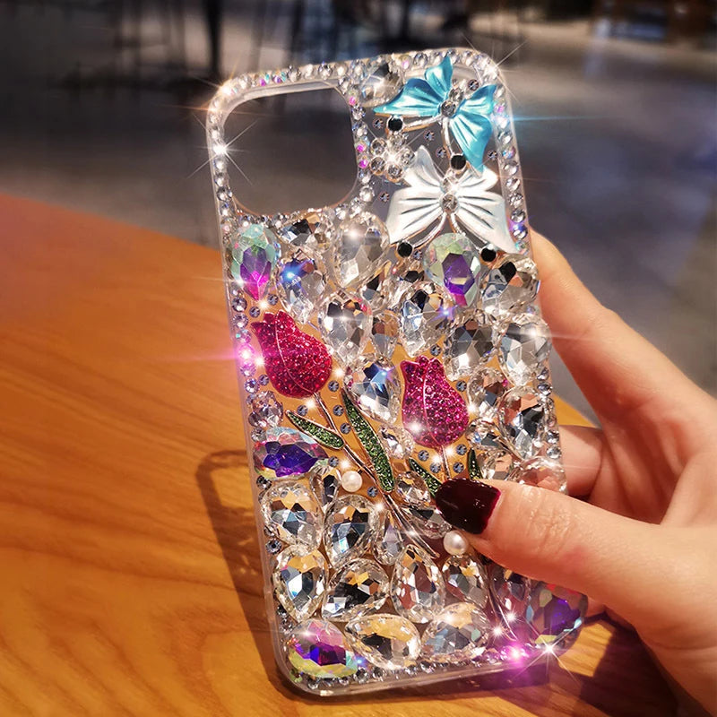 Luxury Sparkle Diamond Crystal Rhinestone Rose Flower Butterfly Case with Strap, for Huawei P50Pro, P40, Mate30, Honor 50, 60Pro