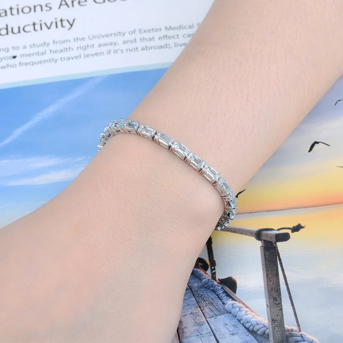 Natural Aquamarine Solid Silver Bracelet 8 Carat Genuine Light Blue Gemstone  S925 Top Quality