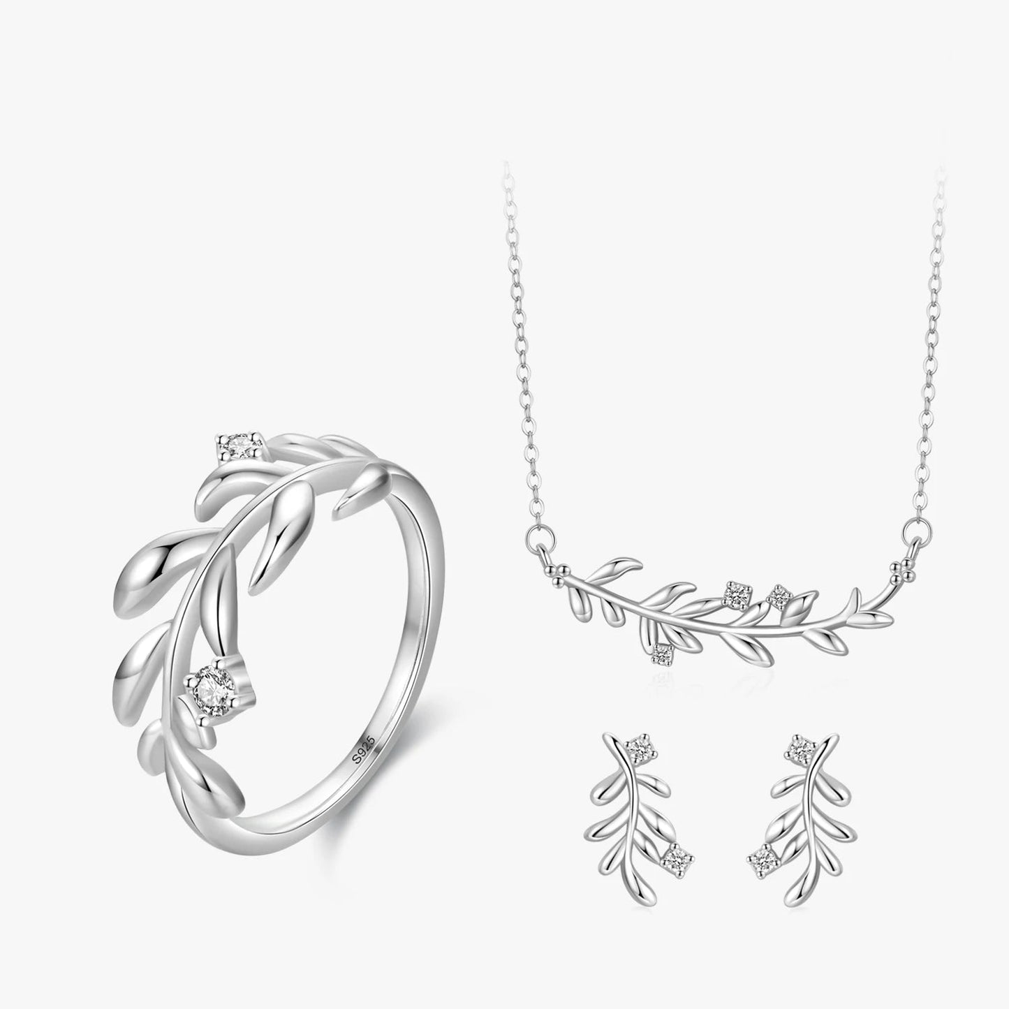 Real 925 Sterling Silver Fashion Tree Leaf Leaves&Branches Stud Jewelry Set