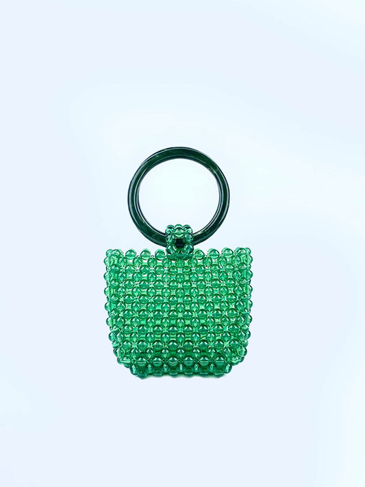 New retro handmade beaded bucket bag for women's spring and autumn woven fashionable green bead circular ring handbag