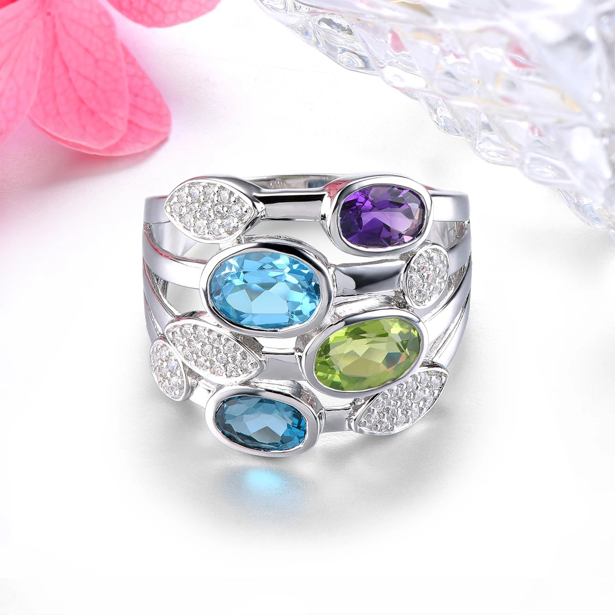 Natural Blue Topaz Peridot Amethyst Solid Silver Rings 4.2 Carats Genuine Multicolor Gemstone