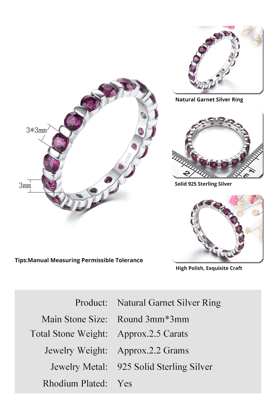 Natural Rhodolite Garnet Solid Sterling Silver Rings 2.5 Carats Genuine Gemstone Romantic Lovely Fine Jewelry Design Daily Gifts