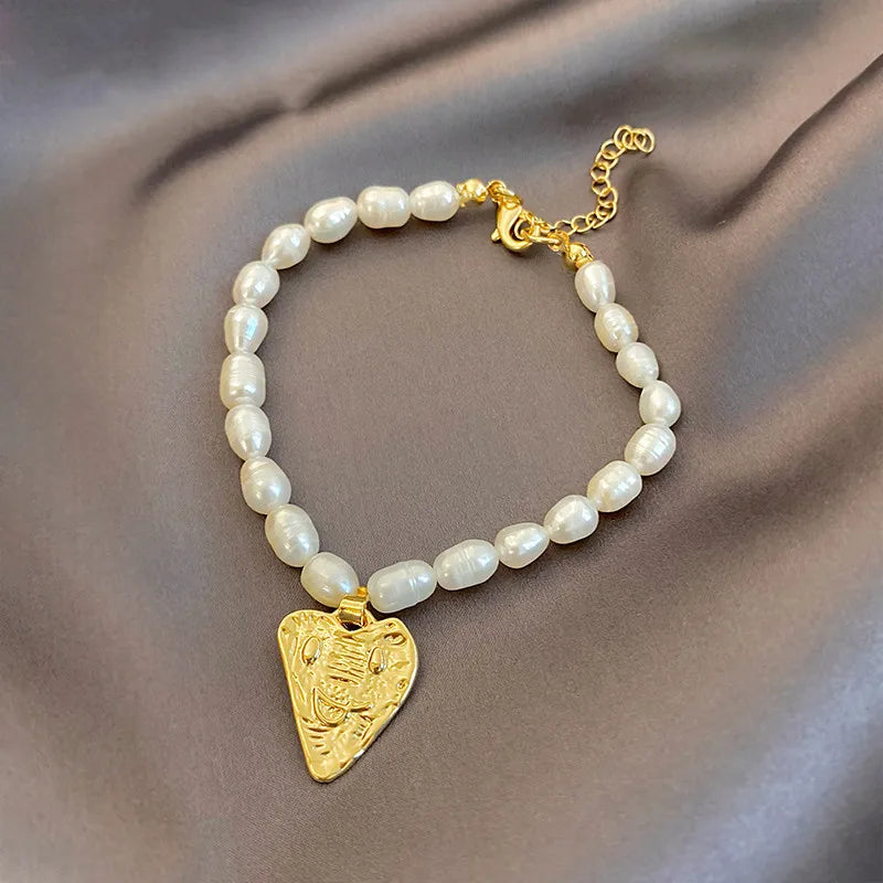 Romantic Love Heart Natural Freshwater Pearl 14K Gold Filled Ladies Charm Bracelet Jewelry