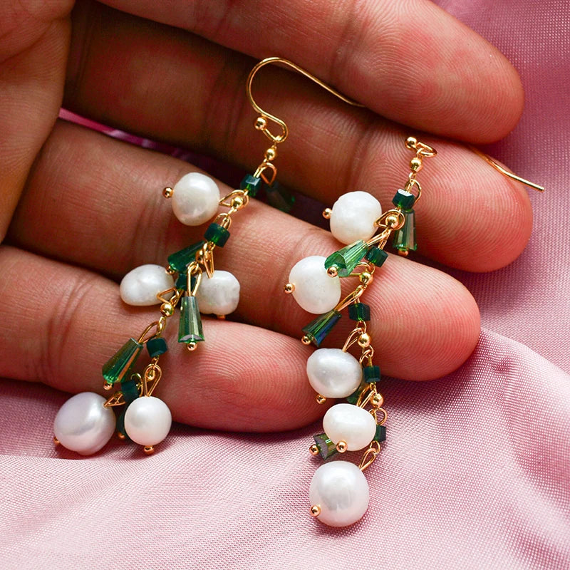 Trendy Green Crystal & Natural Freshwater Pearl 14K Gold Jewelry