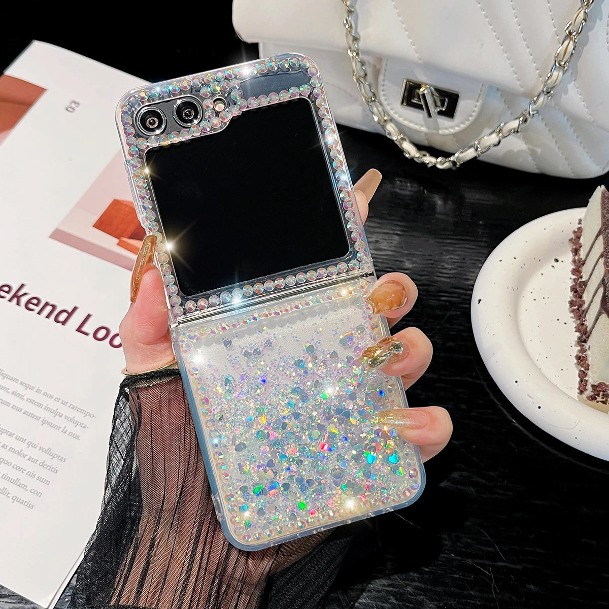 For Samsung Galaxy Z Flip 6 5 4 3 G Luxury Cute Pearl Diamond Crystal Liquid Glitter Phone Case Cover