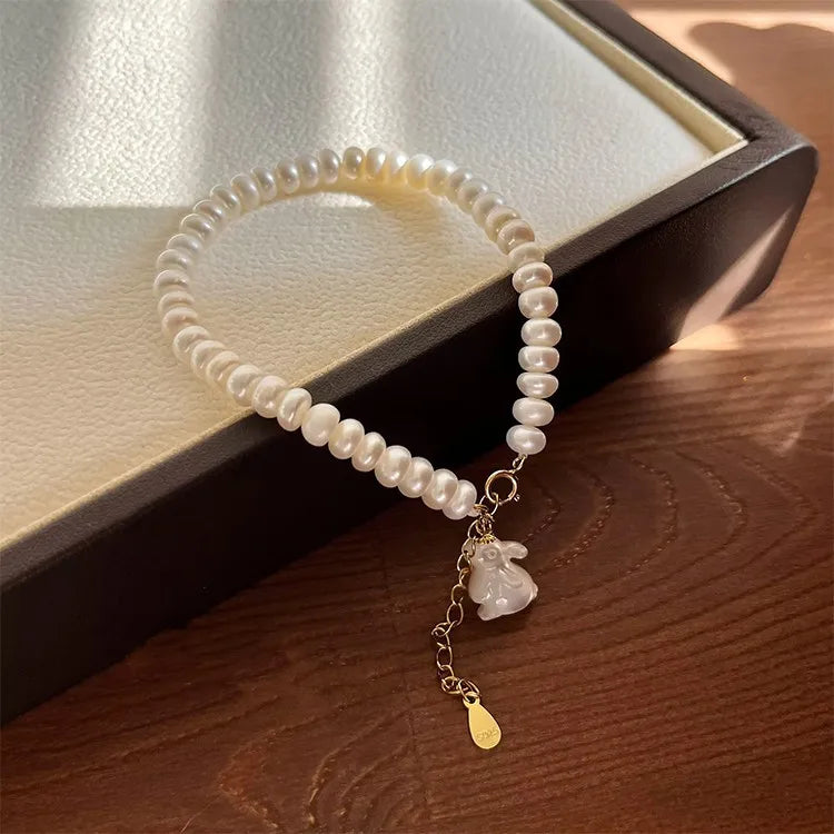 100% Natural Freshwater Pearl 14K Gold Filled Lovely Rabbit Animal Design Female Charm Bracelet Jewelry Gift