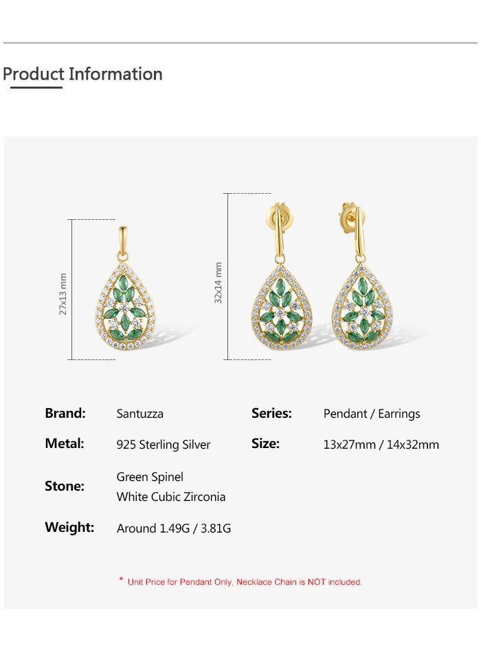 SANTUZZA Real 925 Sterling Silver Jewelry Set For Women Green Spinel White CZ Exquisite Earrings Pendant Delicate Fine Jewelry