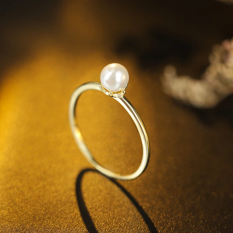 Stylish 14K Gold Pearl Round Authentic S925 Sterling Silver Lovers Valentine's Day Gift Jewelry Ring for Women and Men Jewelry