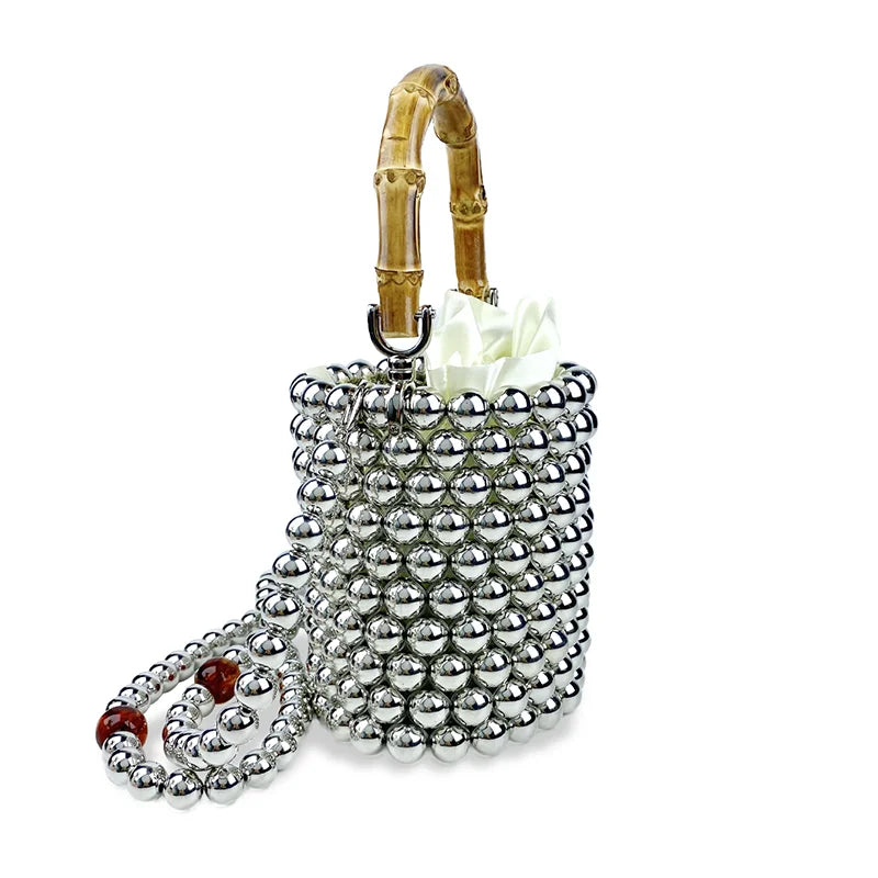 Product Network Red Bamboo Knot Handle Bag Pearl Chain Mini Bucket Bag