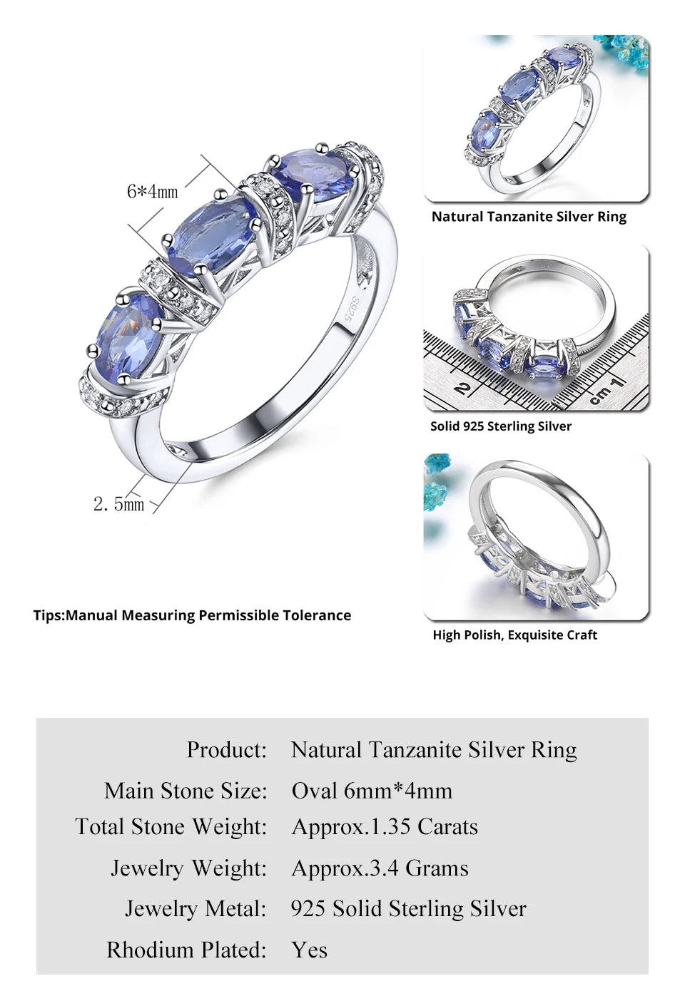 Natural Tanzanite Solid Sterling Silver Rings 1.35 Carats Genuine Gemstone Classic Fine Jewelry Decorations S925