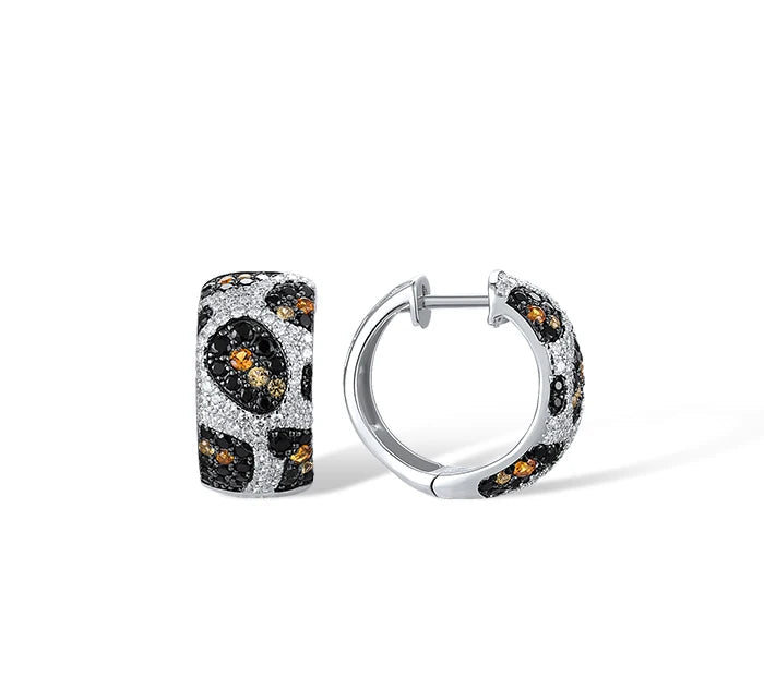 925 Sterling Silver Hoop Earrings  Black Spinel Yellow Crystal Leopard Jewelry