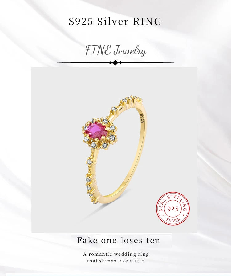 2022 Fashion Genuine Sterling Silver Ruby 18K Gold Couple Ring For Women Girl Flower Full Diamond Office Wedding Anniver Jewelry