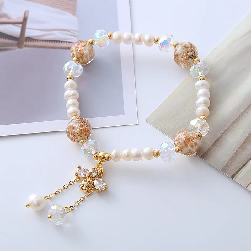 100% Natural Freshwater Pearl Trendy Honeybee 14K Gold Filled Ladies Charm Bracelet Promotion Jewelry