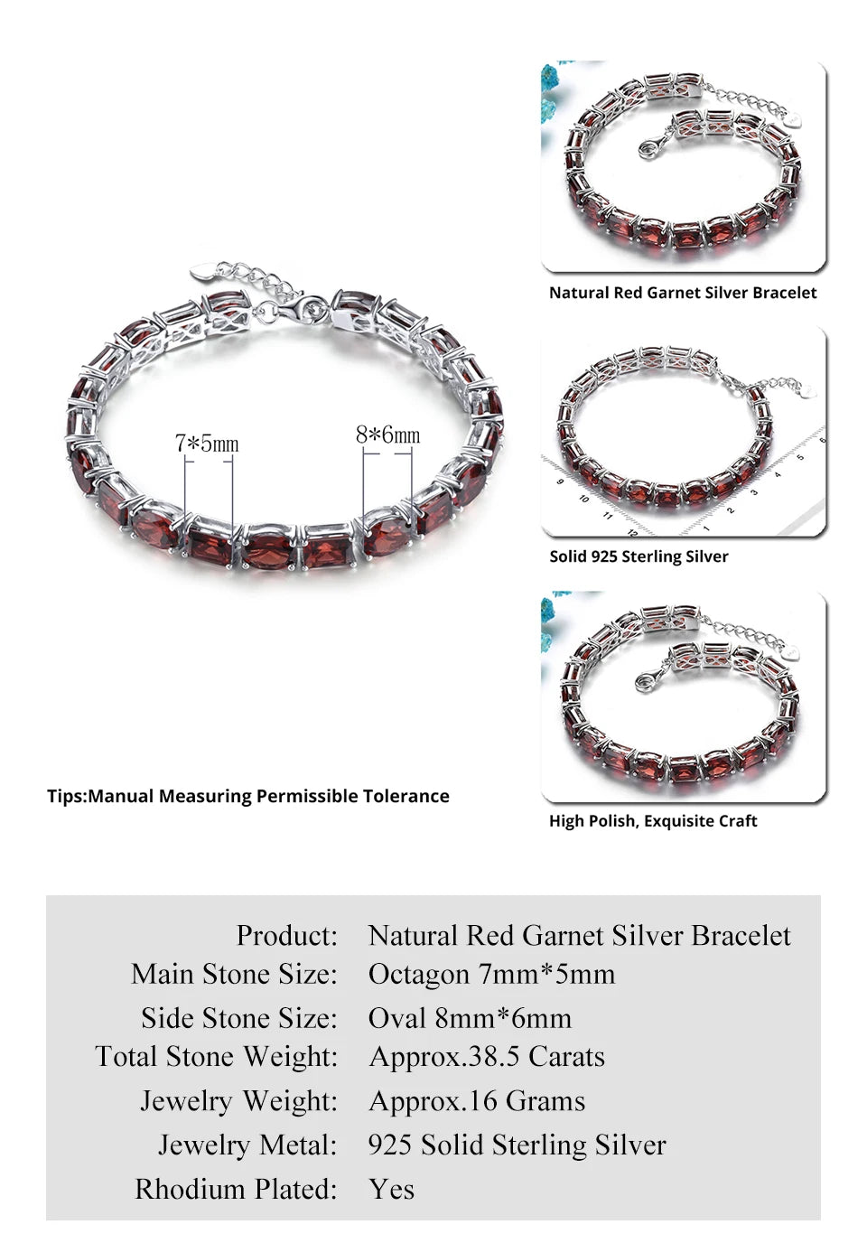 Natural Red Garnet Sterling Silver S925   Bracelet 38.5 Carats Genuine Gemstone Luxury Gorgerous