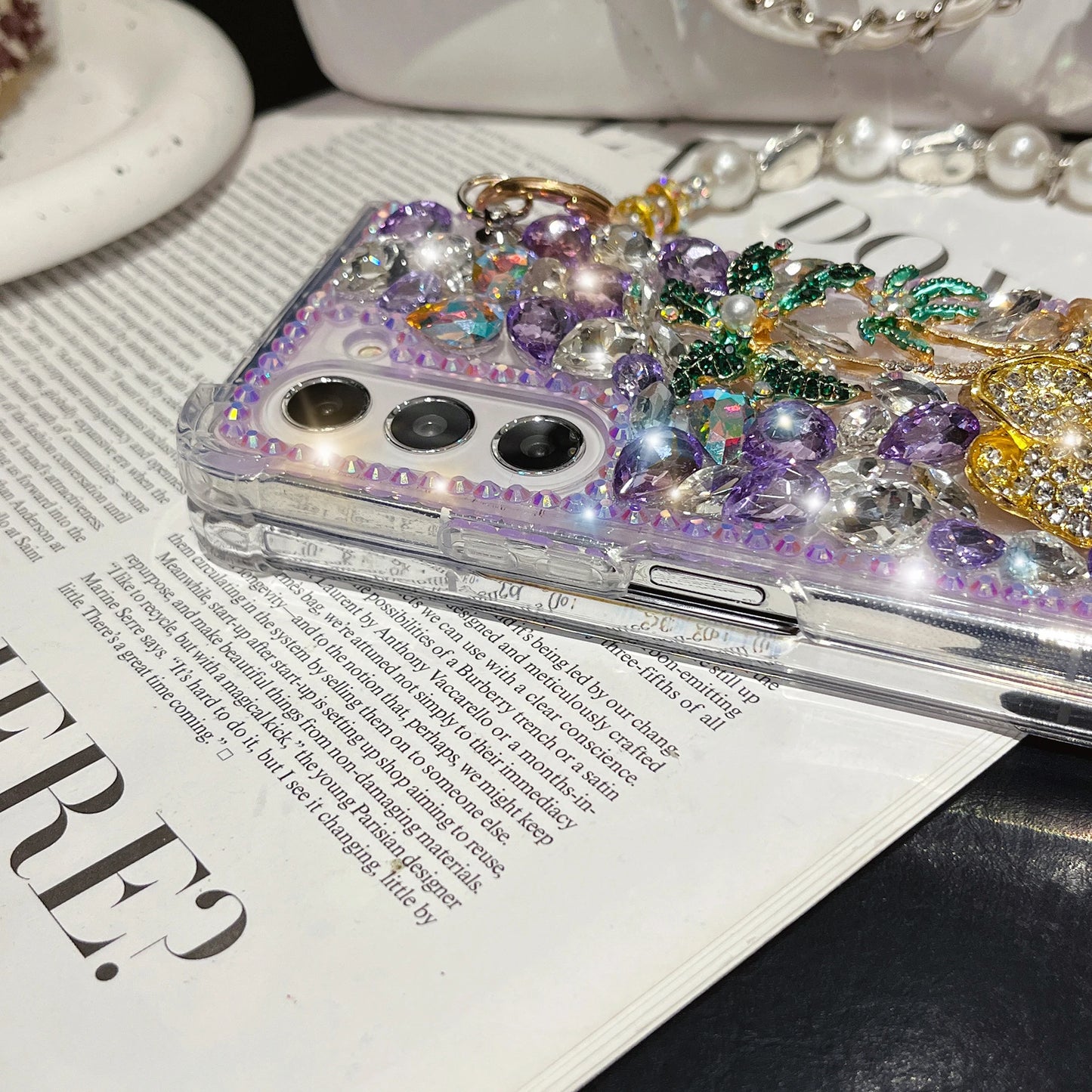 For Samsung Galaxy Z Fold 6 5 4 3 Luxury Cute Pearl Diamond Crystal Tree Wrist Strap Glitter Candy Wrist Phone Case Cover