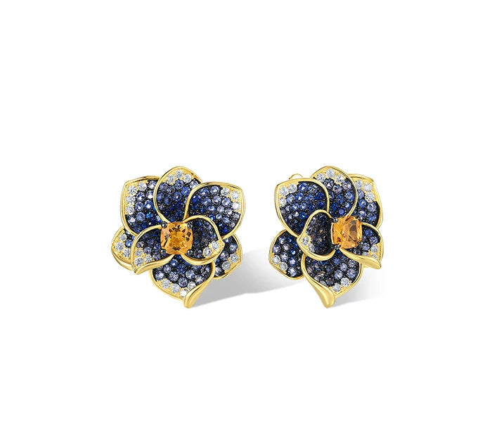 925 Sterling Silver Blue  Yellow Crystal Flower  Jewelry