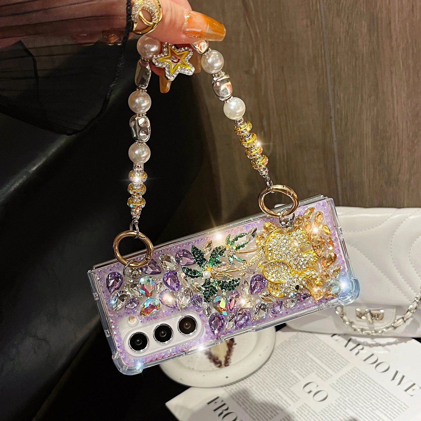 For Samsung Galaxy Z Fold 6 5 4 3 Luxury Cute Pearl Diamond Crystal Tree Wrist Strap Glitter Candy Wrist Phone Case Cover