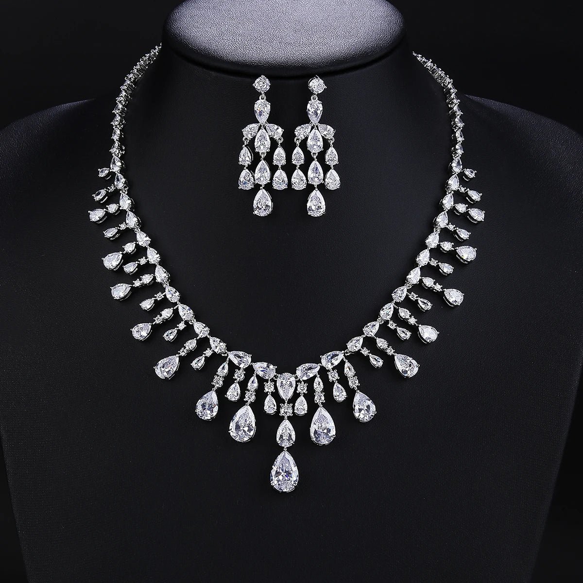 Silver Color Cubic Zirconia Bridal Party Wedding Necklace Earrings Jewelry Set For Women Bridesmaid Accessories Gift CN10679