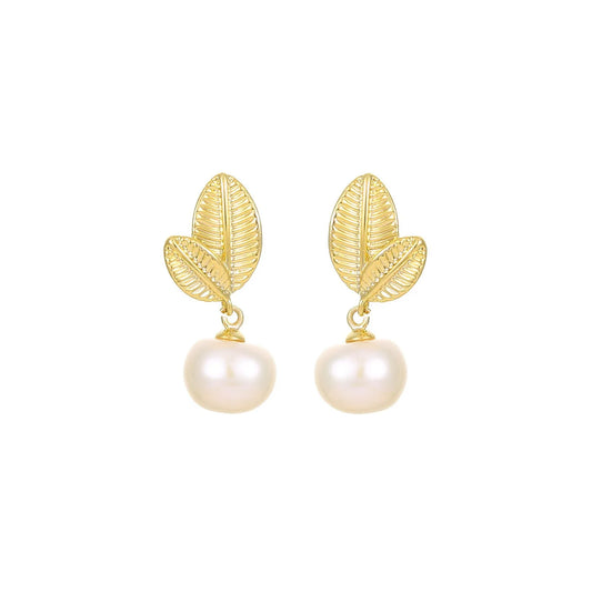 100% Natural Freshwater Pearl 14K Gold Filled Trendy Plant Leaf Design Ladies Tassels Stud Earrings Jewelry