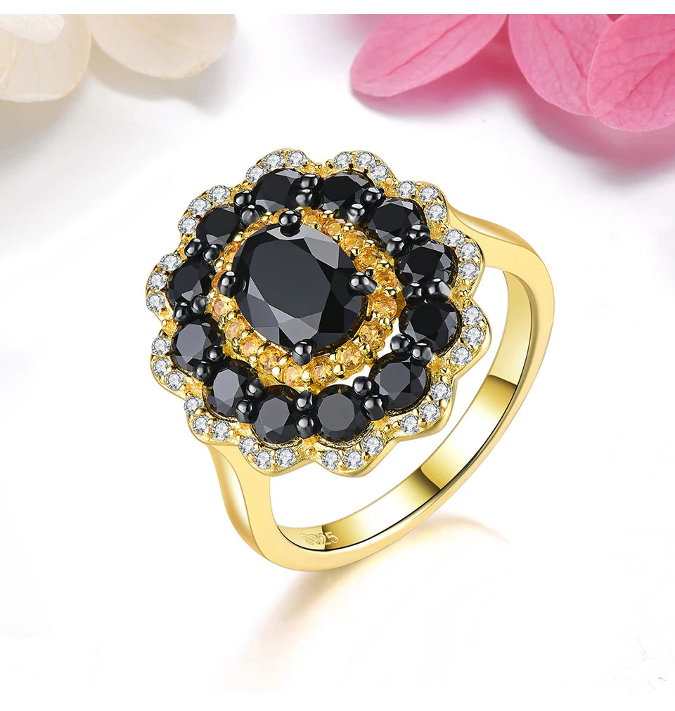 Natural Black Spinel Citrine Silver Rings 3.5 Carats Gemstones Yellow Gold Plated  Jewelry Original