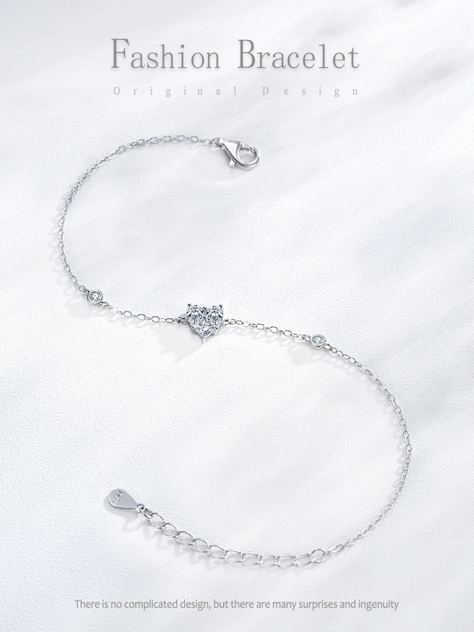 925 Sterling Silver heart-shaped Chain Bracelet  Clear Zircon Jewelry