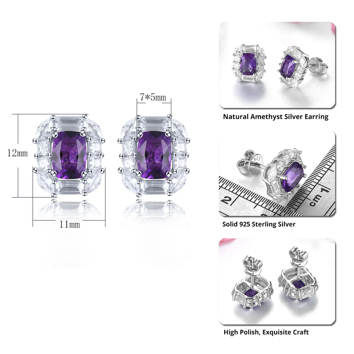 Natural Amethyst Sterling Silver  Genuine Quarts Cushion Faced Cutting Classic Jewelry Styles