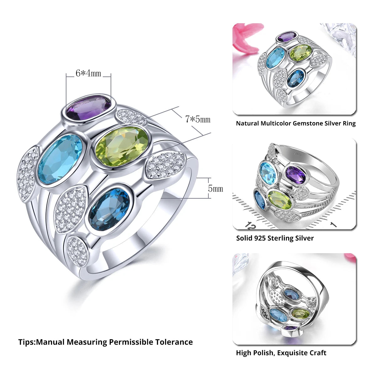 Natural Blue Topaz Peridot Amethyst Solid Silver Rings 4.2 Carats Genuine Multicolor Gemstone