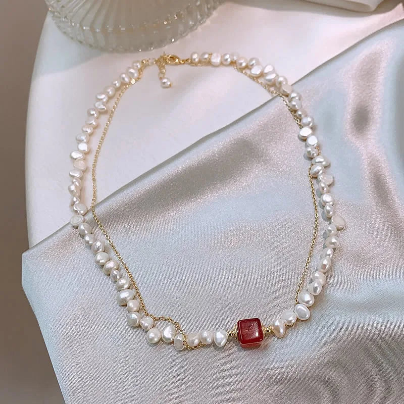 Elegant Natural Freshwater Pearl & Square Strawberry Quartz 14K Gold Necklace Jewelry