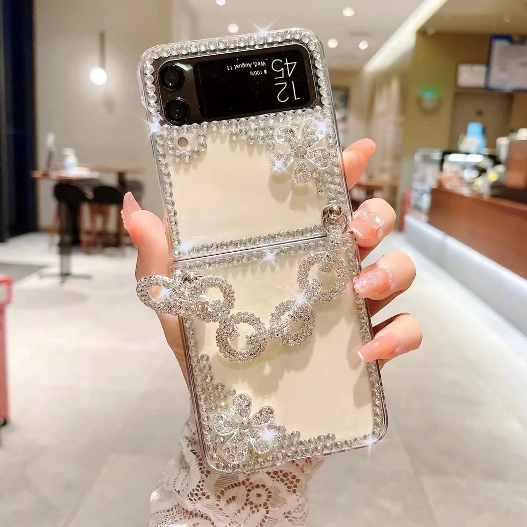 For Samsung Galaxy Z Flip 5 4 3 5G F7110 F7070 Rhinestones Crystal Pearl Crown Heart Wrist Luxury Phone Case Cover