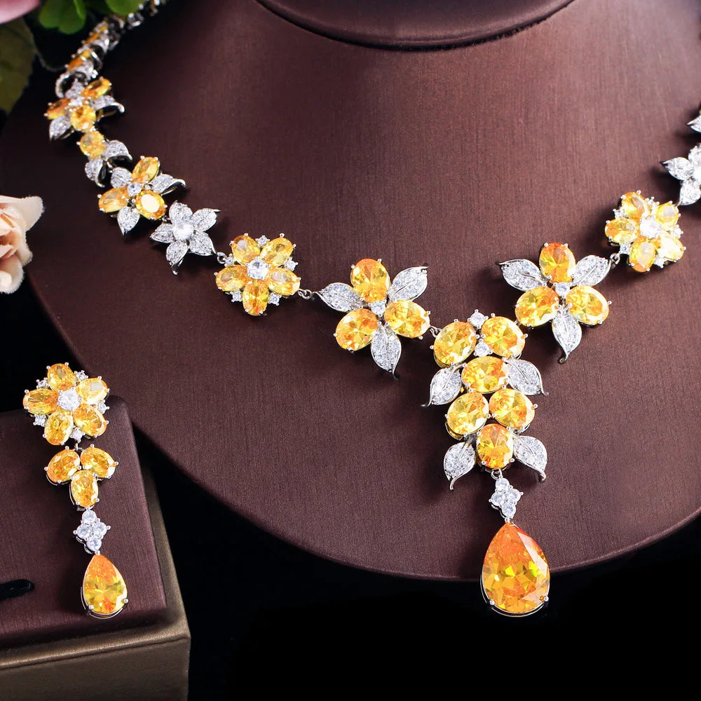 Yellow Luxury Cubic Zircon Flower Necklace Earrings Two Piece Set Dress Wedding Bride Dress Jewelry Set LYT0315