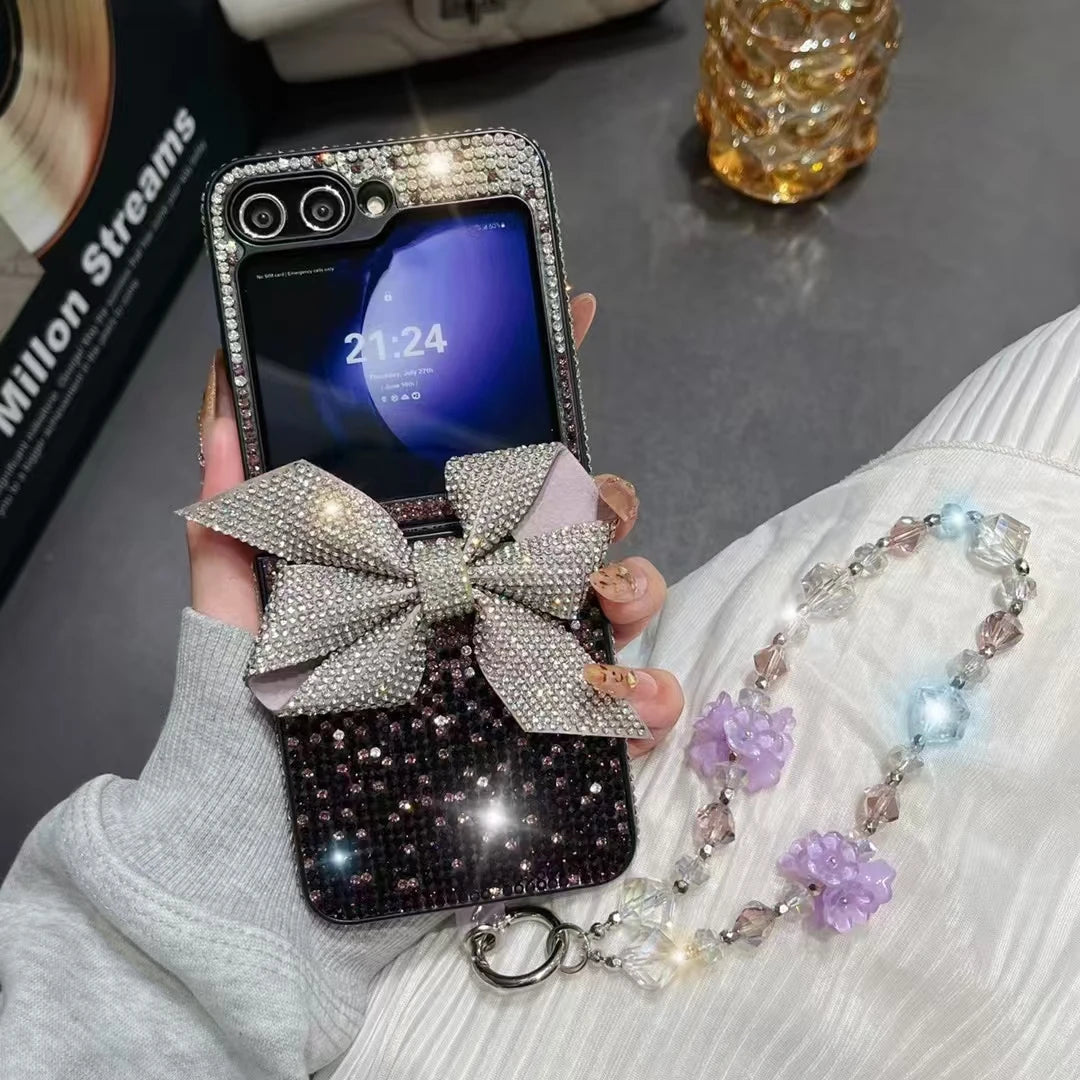 Luxury Change Color Diamond Bling Phone Case With Bow Flower Pearl Strap For Samsung Galaxy Z Flip 3 4 5 6 F7220 Creative Wrist