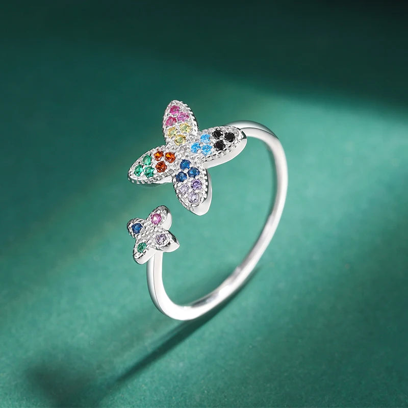 Delicate Rainbow Irregular Double Butterfly Star Full Diamond Original Sterling Silver Jewelry