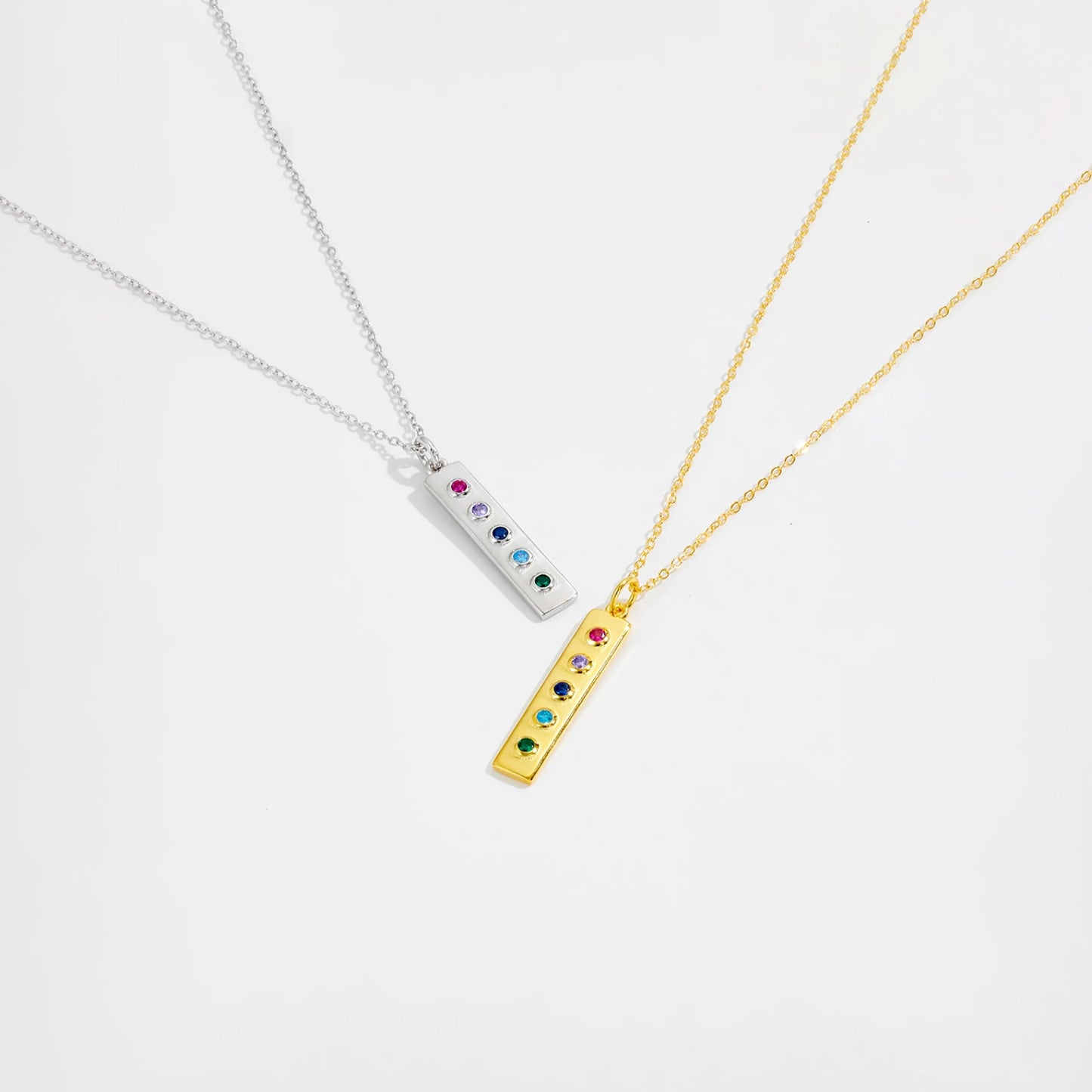 925 Sterling Silver Gold Long Square Rainbow  Pendant Choker Necklace Winter Jewelry