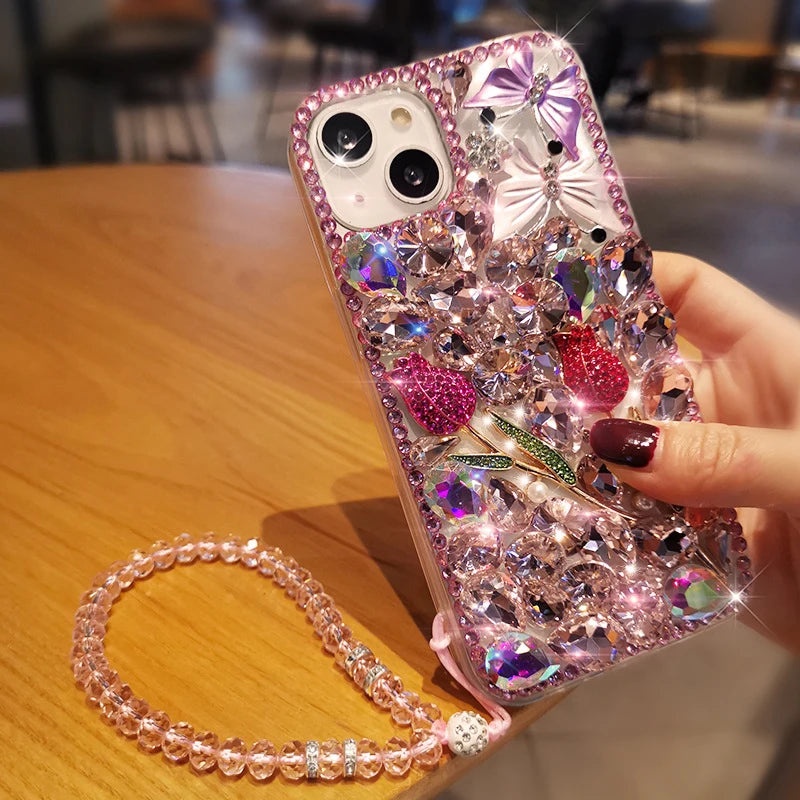 Luxury Sparkle Diamond Crystal Rhinestone Rose Flower Butterfly Case with Strap, for Huawei P50Pro, P40, Mate30, Honor 50, 60Pro