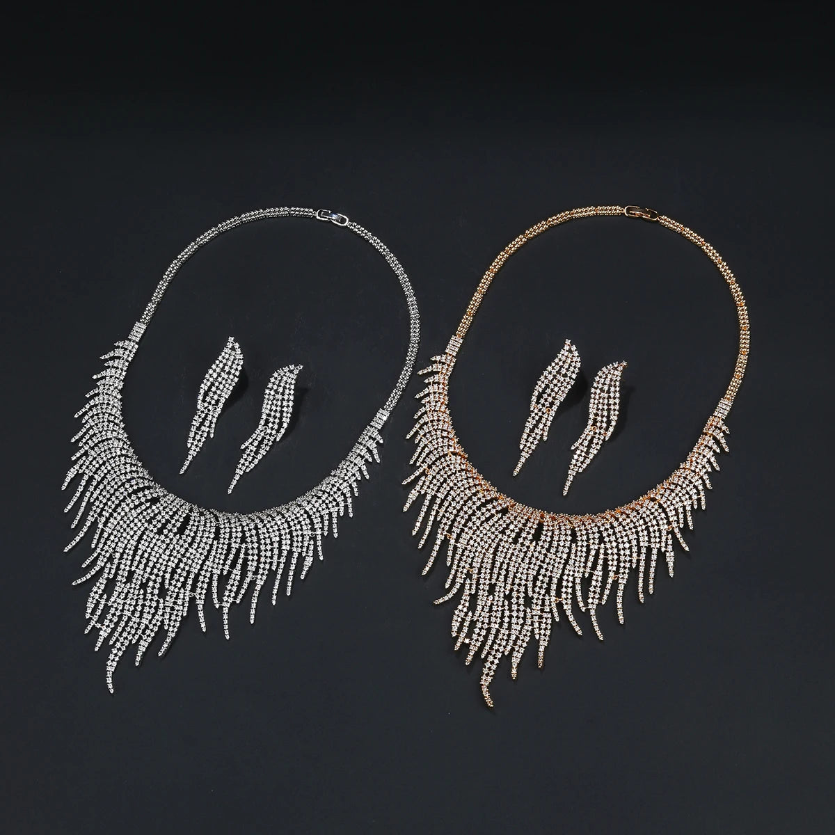 Luxury 2Pcs White ，Gold Necklace Earrings Set Cubic Zircon Women Wedding Party Jewelry Set CN11239