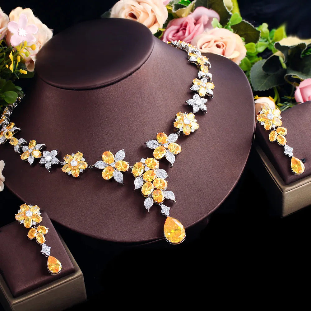 Yellow Luxury Cubic Zircon Flower Necklace Earrings Two Piece Set Dress Wedding Bride Dress Jewelry Set LYT0315