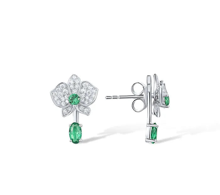 Real 925 Sterling Silver Stud Earrings Sparkling White Green Spinel Flower Dangling Delicate Jewelry