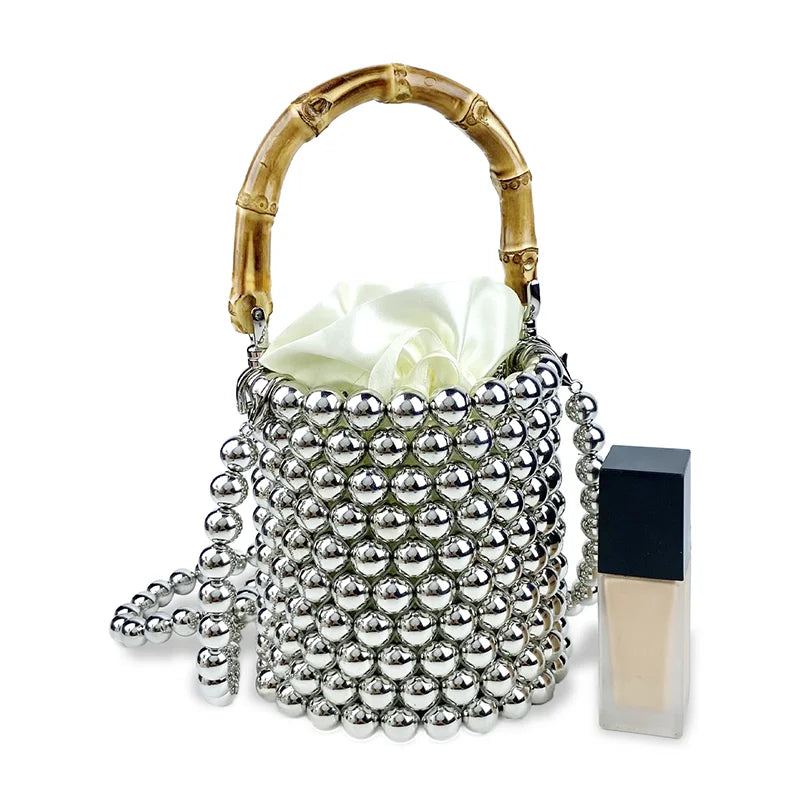 Product Network Red Bamboo Knot Handle Bag Pearl Chain Mini Bucket Bag