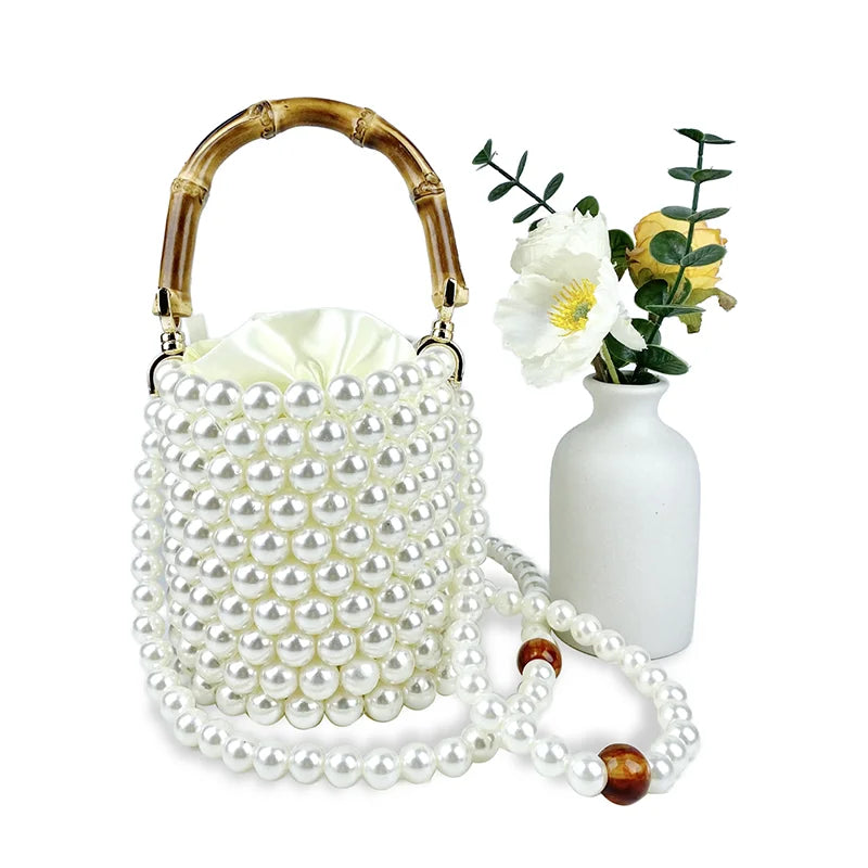 Product Network Red Bamboo Knot Handle Bag Pearl Chain Mini Bucket Bag