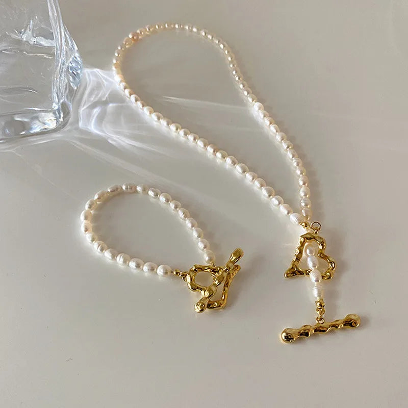 Romantic Love Heart Natural Freshwater Pearl 14K Gold Filled Female Jewelry Sets For Women Necklace Bracelet Wedding Gifts