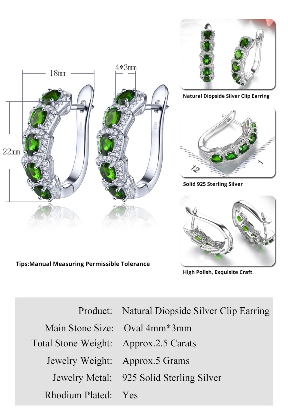 Natural Chrome Diopside Solid Sterling Silver Classic Fine Jewelry Style Top Quality