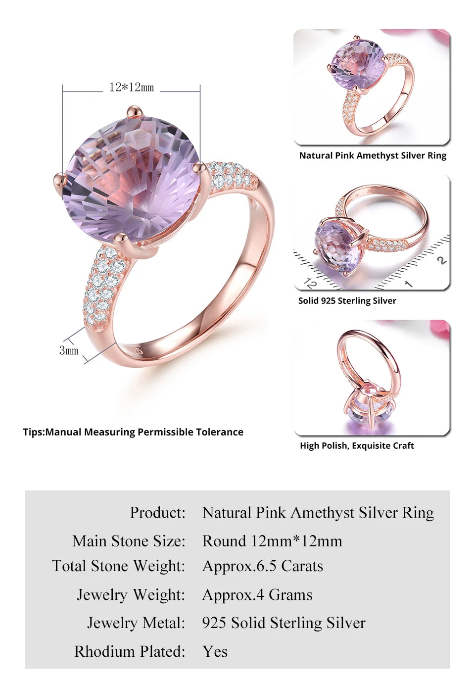 Natural Pink Amethyst Sterling Silver Rose Gold Plated Ring 6.5 Carats