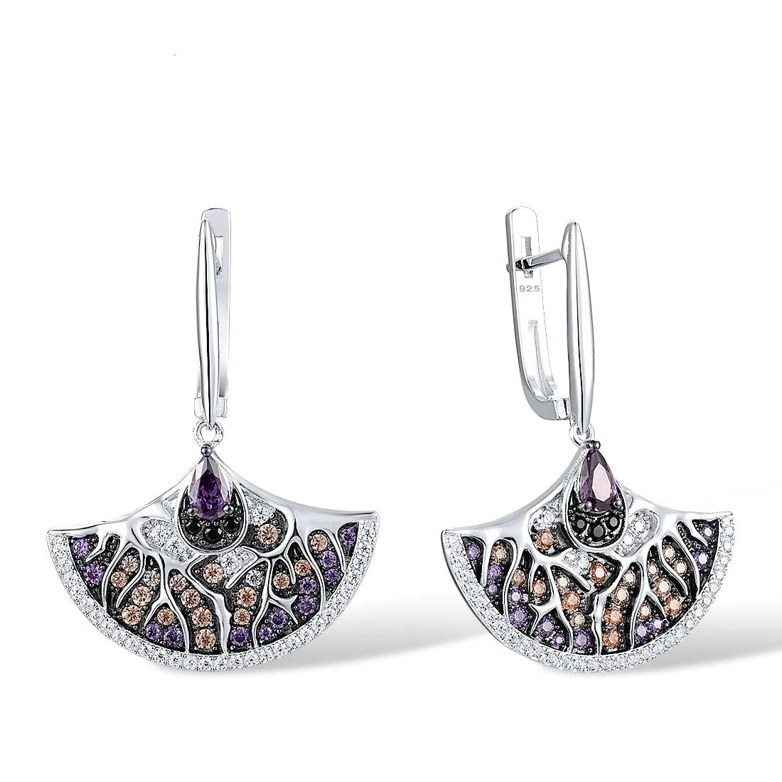 Earrings Pure 925 Sterling Silver Black White Plating Amethyst Spinel