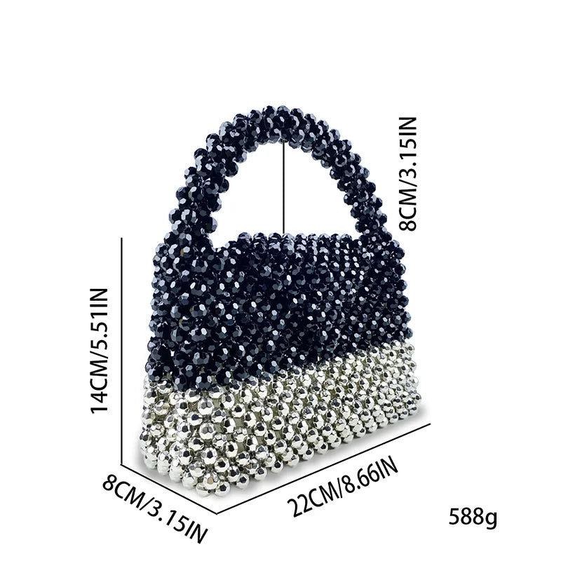 New Casual Style Versatile Black Silver Block Color Handmade Beaded Bag