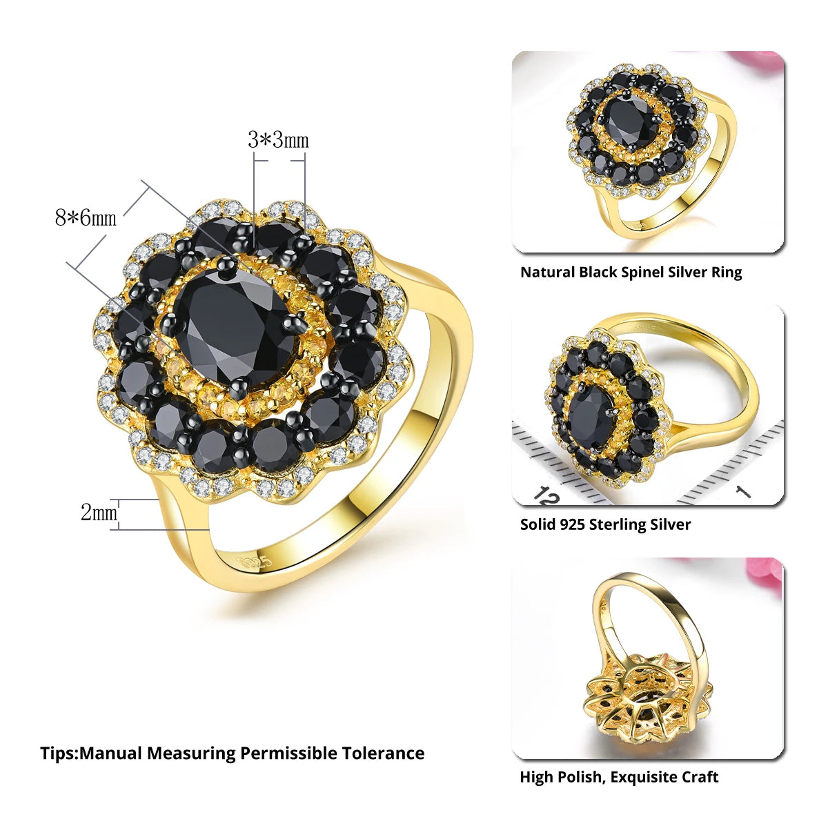 Natural Black Spinel Citrine Silver Rings 3.5 Carats Gemstones Yellow Gold Plated  Jewelry Original