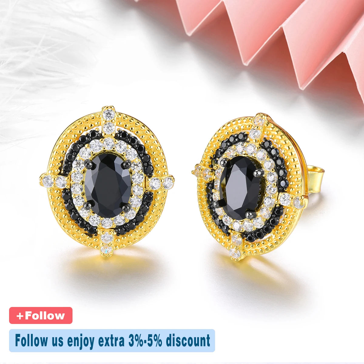 Natural Genuine Black Spinel Yellow Gold Classic Fine Jewelry S925