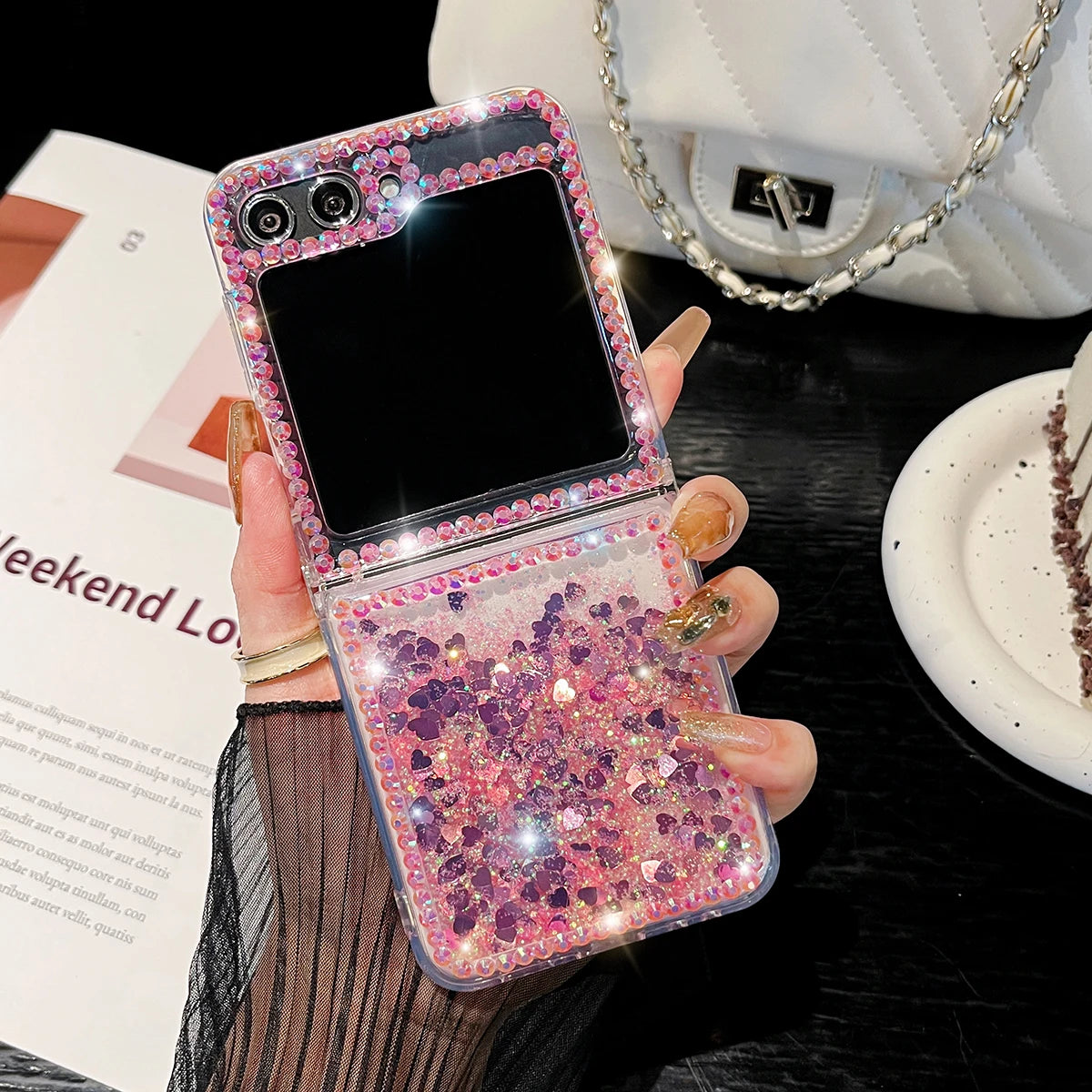 For Samsung Galaxy Z Flip 6 5 4 3 G Luxury Cute Pearl Diamond Crystal Liquid Glitter Phone Case Cover