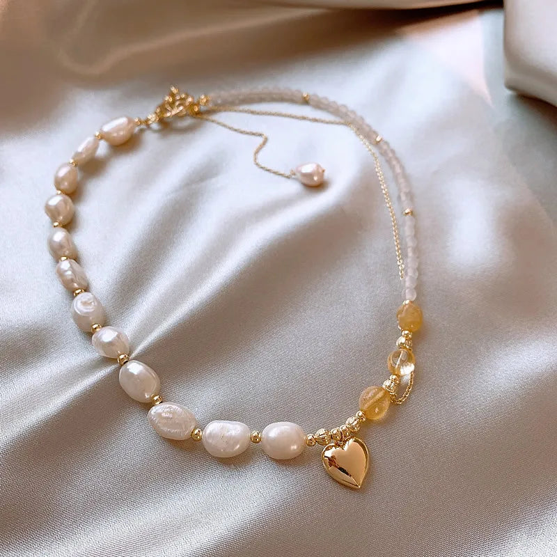 Romantic Love Heart Natural Baroque Freshwater Pearl & Yellow Crystal 14K Gold Filled  Jewelry Sets